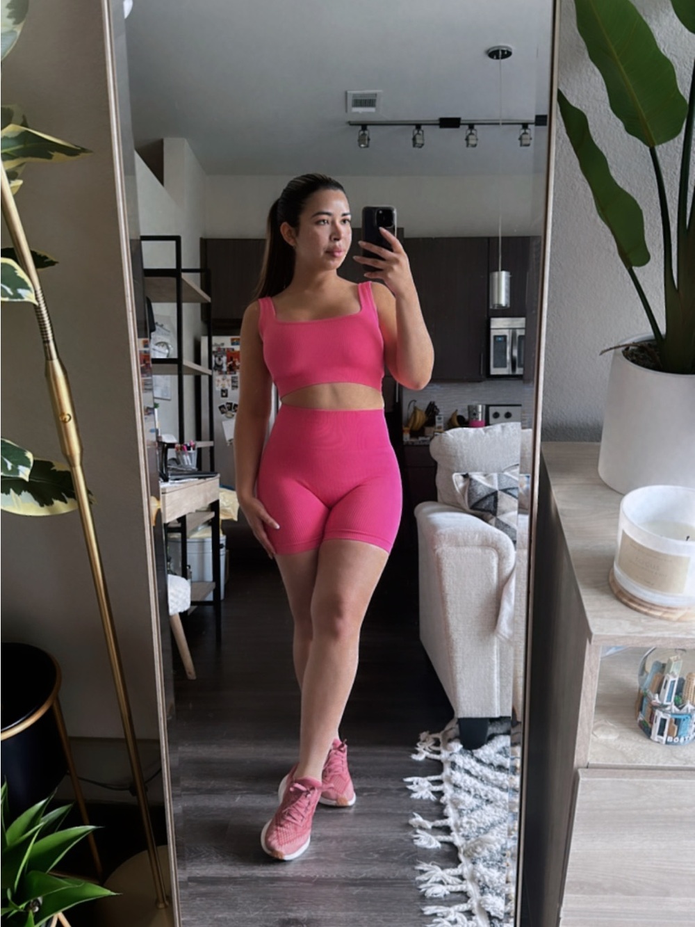 Seamless Pink Ribbed Bralette and Shorts Set